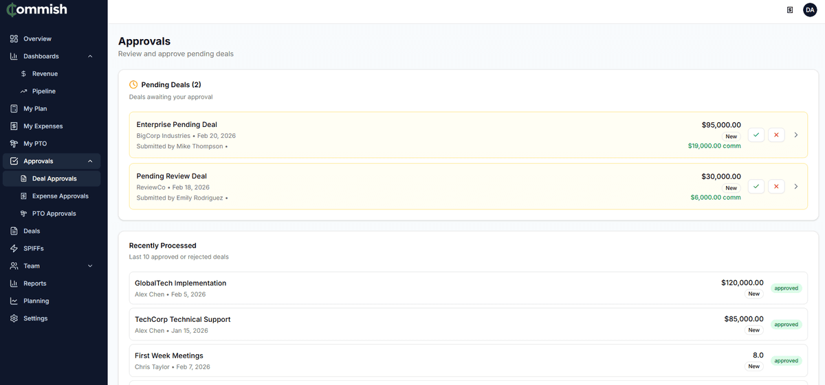 Deal Approvals queue with pending deals and one-click approve or reject