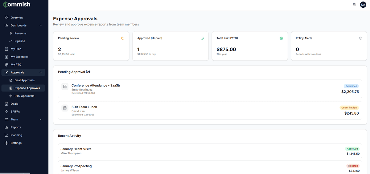 Expense Approvals dashboard with pending reports and status tracking