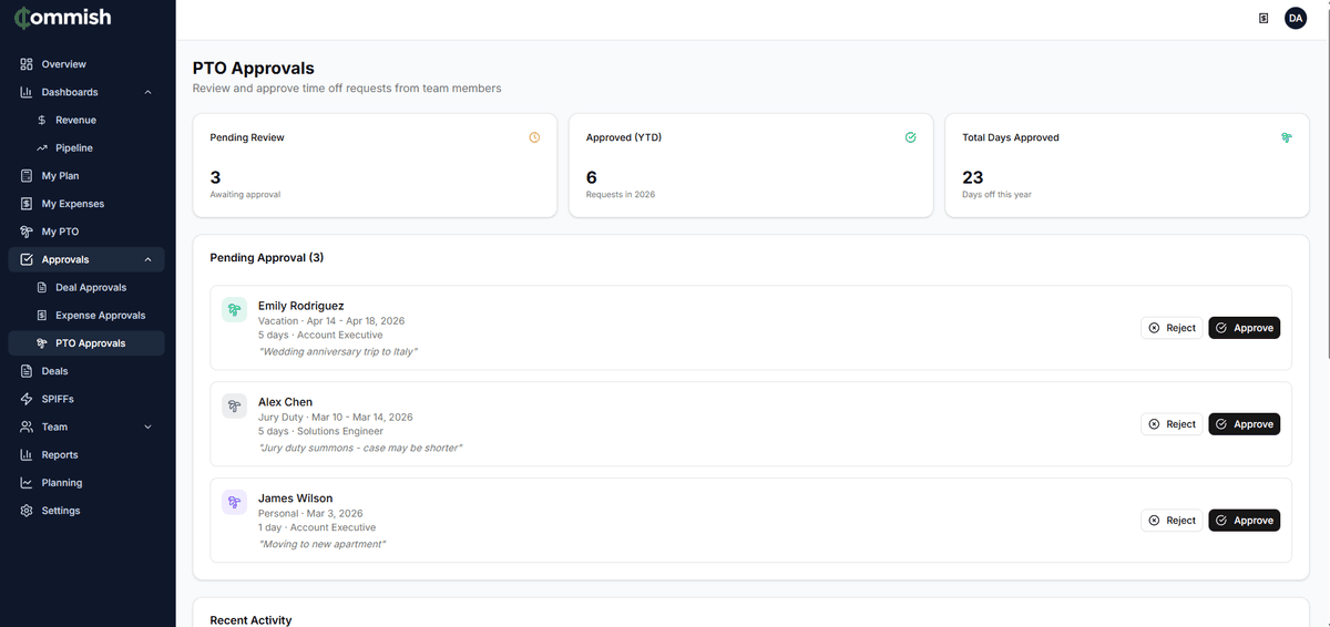 PTO Approvals with approve and reject actions and balance tracking