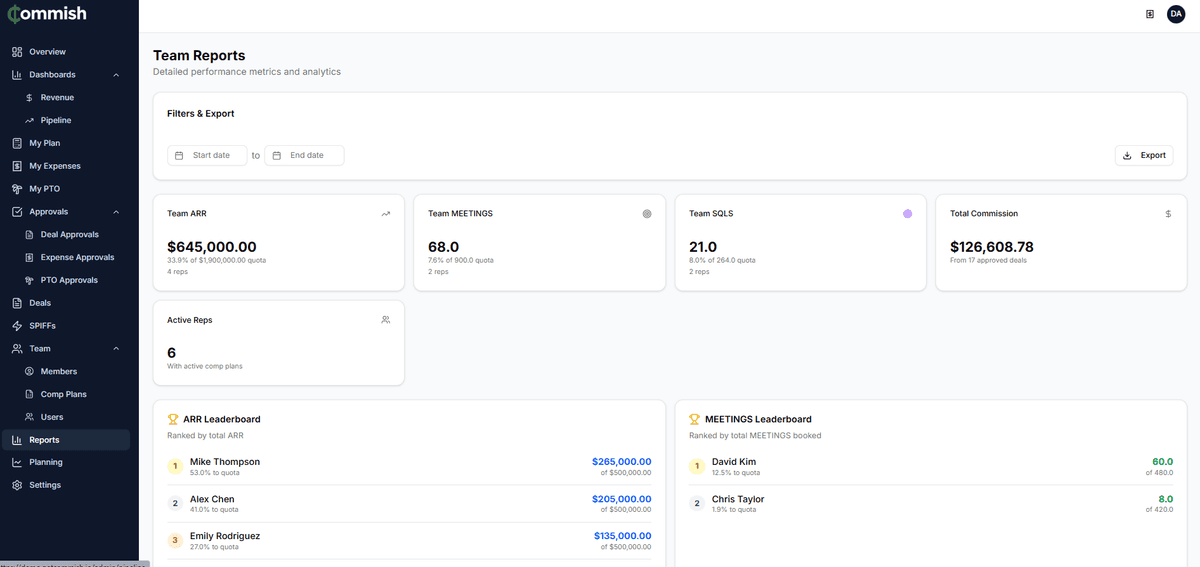 Team Reports with export button for clean payroll data