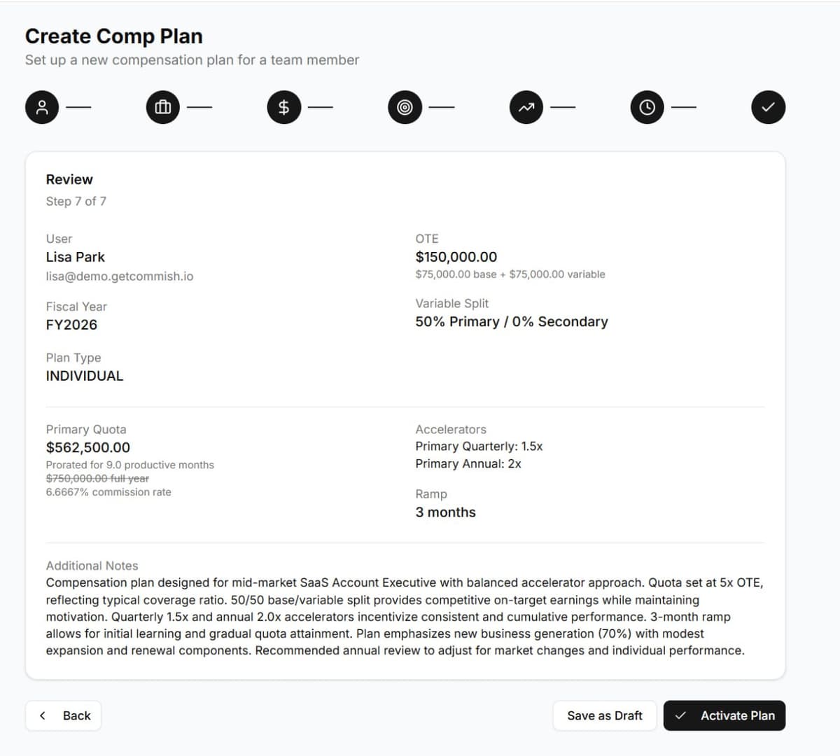 AI-generated comp plan review with all parameters and AI reasoning