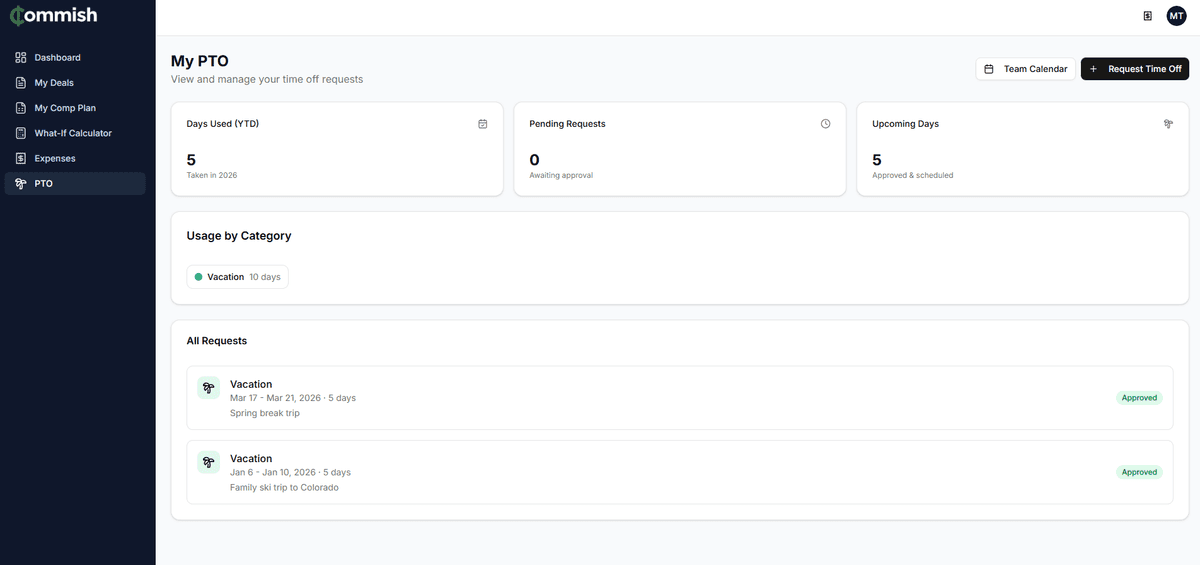 My PTO page with request list and balance tracking