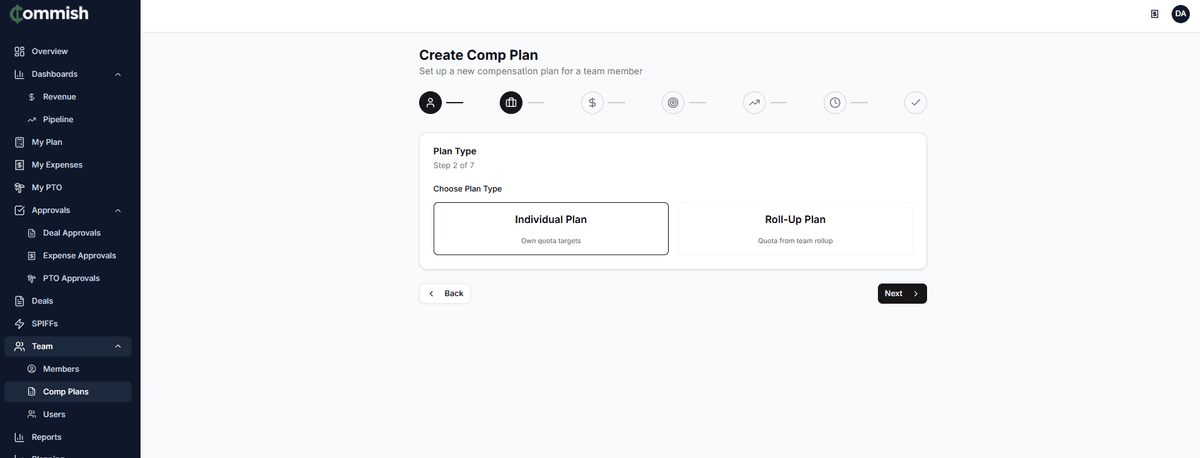 Comp Plan Wizard step 2 showing Individual vs Roll-Up plan type selection