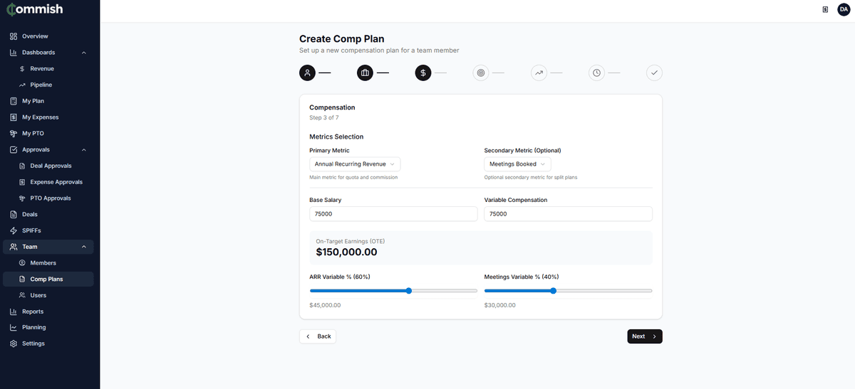 Comp Plan Wizard step 3 showing primary and secondary metric selection, base/variable split, OTE calculation, and variable allocation slider