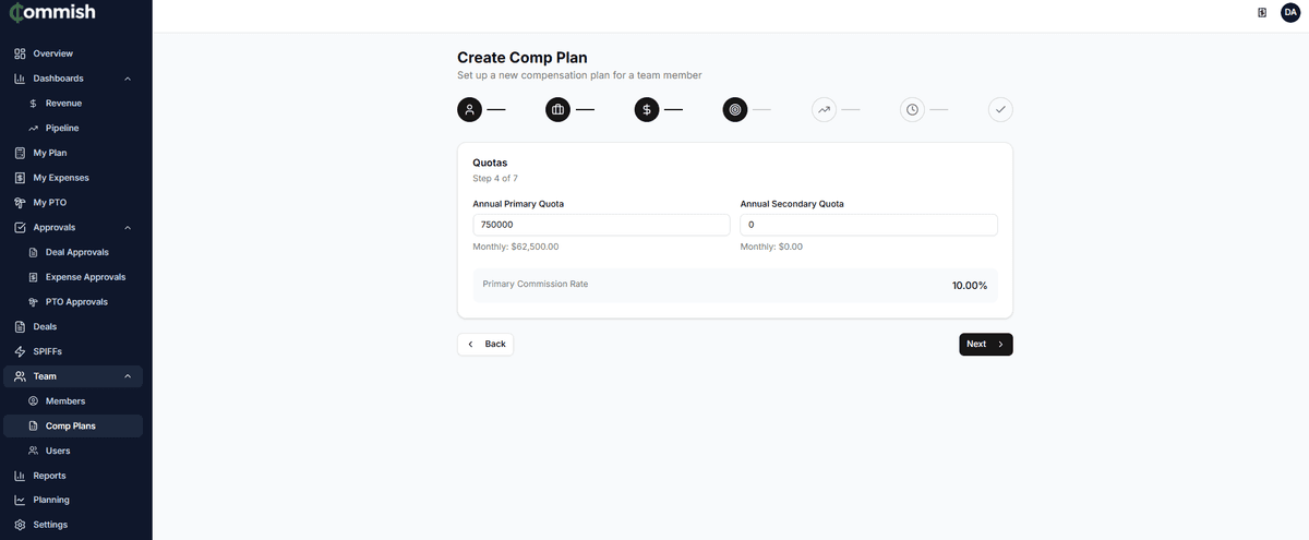 Comp Plan Wizard quota and rate setup showing annual quota and auto-calculated commission rate